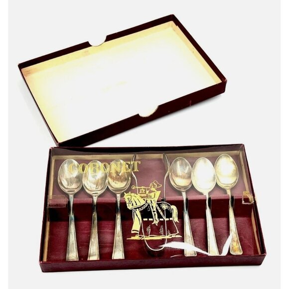 Vtg Estate Coronet Silver Plated Flatware Boxed Espresso Spoons Sugar Cube Tongs - Picture 4 of 7